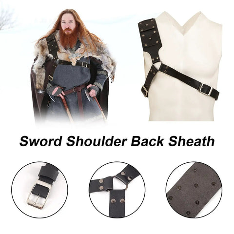 Medieval Sword Holster Back Strap for Shoulder or Crossbody displayed on mannequin with close-up details and warrior attire