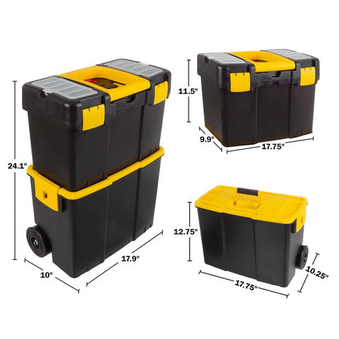 Portable Rolling Tool Box With Wheels Stackable Two In One Tool Chest With Fold Down Comfort Handles Tough Latches And Removable Storage Trays