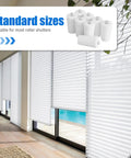 Top Shelf Eight Piece Shutter Stop Kit Features 41mm Durable Plastic Stops With Full Hardware Set For Quick Reliable Home Plantation And Roller Blind Fixes Today, standard white roller shutters in a bright room.