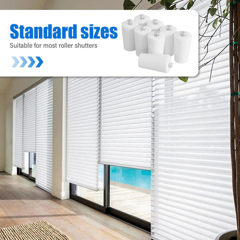 Top Shelf Eight Piece Shutter Stop Kit Features 41mm Durable Plastic Stops With Full Hardware Set For Quick Reliable Home Plantation And Roller Blind Fixes Today, standard white roller shutters in a bright room.