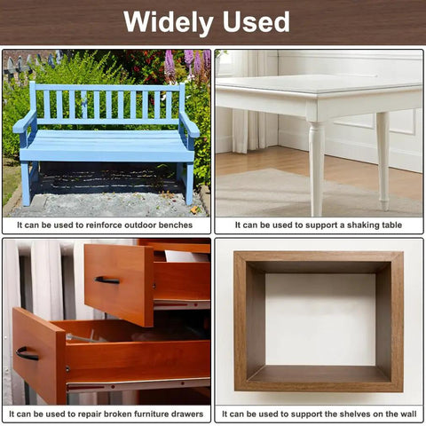 16 Piece Beefy White 2.5 Inch L Brackets For Wood Shelves, Heavy Duty stainless steel brackets supporting a wooden bench and shelf.