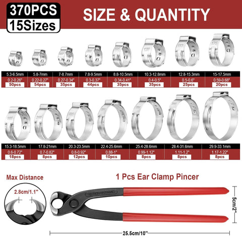 Hydencamm stainless steel hose clamp set, 370 pcs, 15 sizes, single-ear crimp clamps with red-handled pliers