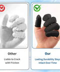 Comparison of 100 Pack Black Silicone Finger Cots And Protective Toppers For Manicures And Massage Sessions showing durable black silicone finger cots.