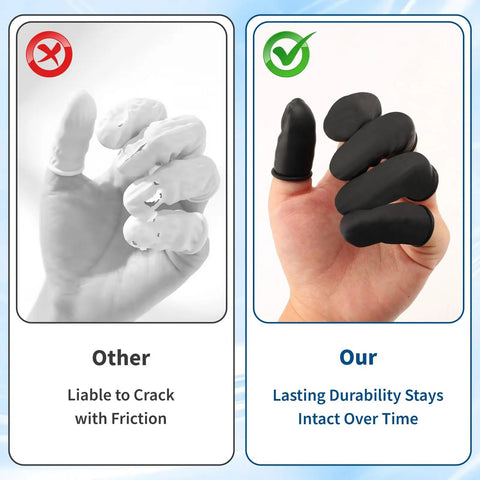 Comparison of 100 Pack Black Silicone Finger Cots And Protective Toppers For Manicures And Massage Sessions showing durable black silicone finger cots.
