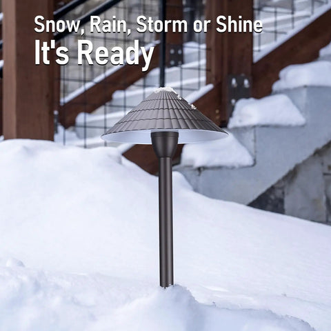 12-Pack Low Voltage Landscape Path Lights, 3W Cast Aluminum, 12-24V, IP65, ETL Listed, Oil Rubbed Bronze in snow