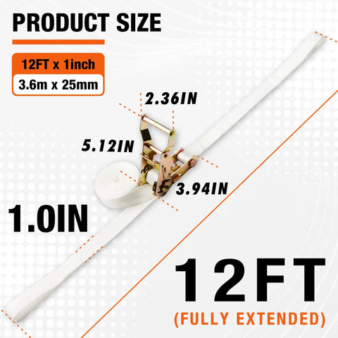 Four Pack 1 X 12 Feet White Ratchet Tent Straps Loop End Heavy Duty No Slip Webbing Tie Downs tailgate setup size indicated.