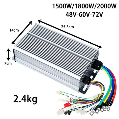 Beefed-Up Dual-Mode Brushless Controller For E-Bikes And Trikes, 1500W/1800W/2000W, 48V-72V, Junction Box Included, 30-Tube Design, Auto Phase Recognition, Smooth Start, Precise Braking And Steering Control, 25.3cm silver aluminum controller with wires