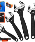 Four Piece Adjustable Wrench Set With 6, 8, 10, 12 Inch Wide Jaw Spanners Black Oxide CRV Steel Includes Magnetic Organizer Racks And Tool Roll Pouch Metric And SAE Scales Built For Auto Shop Garage displayed with magnetic racks and pouches