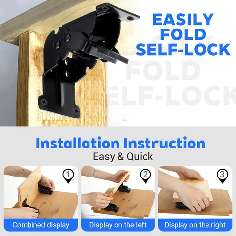 Heavy Duty Folding Brackets With Screws For Tables Beds Cabinets And Workbenches 10 Pack self-lock hinge on wooden table with installation guide.