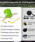 Golf Swing Training Ball With Wrist Hinge Trainer And Adjustable Lanyard, Between Arms Connector shown with components and benefits