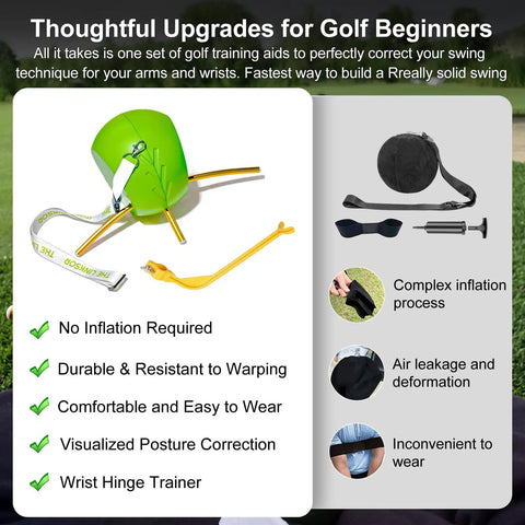 Golf Swing Training Ball With Wrist Hinge Trainer And Adjustable Lanyard, Between Arms Connector shown with components and benefits