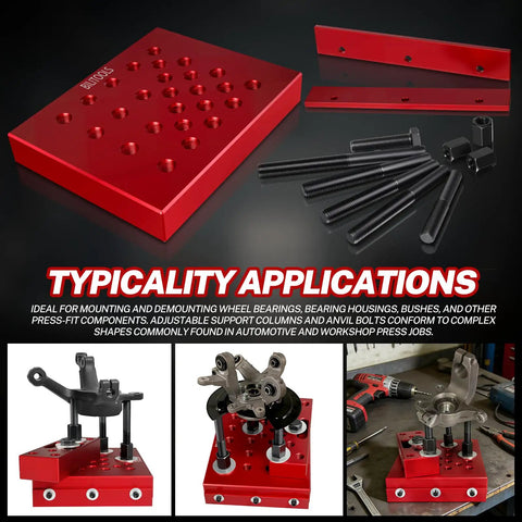 30 Ton Hydraulic Shop Press Support Block Plate Kit With Adjustable Columns For Stable Wheel Bearings Hubs Bushings And Suspension Components Heavy Duty Fit For Automotive And Shop Use Durable Steel Construction With Easy Setup, red steel block kit with bolts