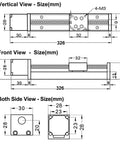 Technical drawing of 10 Inch Stroke Mini Linear Rail Stage Actuator For DIY CNC Router X Y Z Travel 250mm With NEMA11 Stepper Motor.