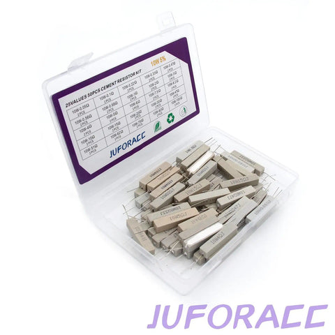 Ceramic Cement Resistor Kit 10W, 50 Pieces, 0.05 To 100 Ohm, 25 Values, in a case for DIY electronics projects