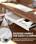 No Sweat Under Desk Drawer Storage With Heavy Duty Steel Tray And Secure Copper Lock For Papers Laptops And Pencils Plus Silent Ball Bearing Slides That Keep Your Workspace Fresh And Totally Organized. Drawer with recessed handle and items inside.
