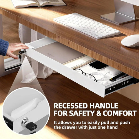 No Sweat Under Desk Drawer Storage With Heavy Duty Steel Tray And Secure Copper Lock For Papers Laptops And Pencils Plus Silent Ball Bearing Slides That Keep Your Workspace Fresh And Totally Organized. Drawer with recessed handle and items inside.