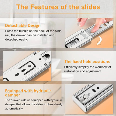 Heavy Duty Stainless Steel Soft Close Drawer Slides Full Extension Smooth Glide Cabinet Hardware 10 Inch features detachable design and hydraulic damper.