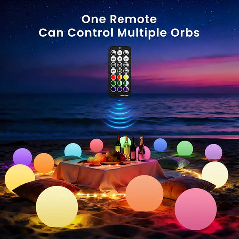 8 Inch LED Night Light Ball With Remote, 16 RGB Colors, glowing globes on beach with remote control visible