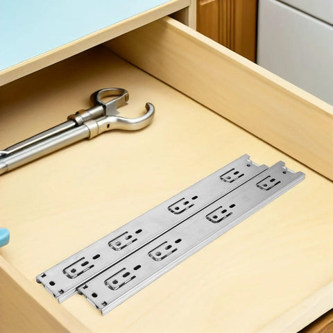 Stainless Steel Drawer Slides For Bathrooms And Kitchens, 2 Pack, Smooth Silent Three Section Rail System, on wooden drawer