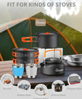 Portable Camping Cooking Set with folding wind screen, aluminum pots, 800ml teapot, 2 cups, and plates for hiking and RV trips.