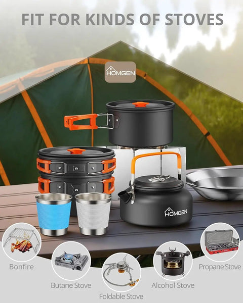 Portable Camping Cooking Set with folding wind screen, aluminum pots, 800ml teapot, 2 cups, and plates for hiking and RV trips.