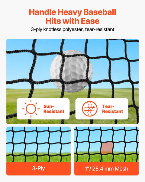 Close-up of 3-ply knotless polyester mesh in 10x10x10 Ft Golf Batting Cage Net For Backyard And Indoor Practice, golf ball shown.