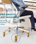 Top Shelf Roller Blade Office Chair Wheels Soft Polyurethane Desk Caster Set Of Five Floor Saving Silent Roll Universal Stem Swap For Hardwood And Carpet No Sweat Install Smooth Glide Fix close-up of 3-inch golden roller casters on an office chair for smooth movement.
