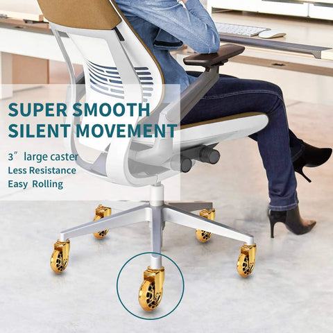 Top Shelf Roller Blade Office Chair Wheels Soft Polyurethane Desk Caster Set Of Five Floor Saving Silent Roll Universal Stem Swap For Hardwood And Carpet No Sweat Install Smooth Glide Fix close-up of 3-inch golden roller casters on an office chair for smooth movement.