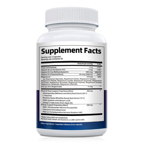 Back view of All-In-One Magnesium Complex For Calm Energy Sleep And Muscle Support With 24-In-1 Chelated Blend Featuring Glycinate Malate Citrate Plus Ashwagandha L-Theanine NAD Plus B Vitamins Zinc Omega-3 Non-GMO 120 Vegan Capsules bottle showing supplement facts label.
