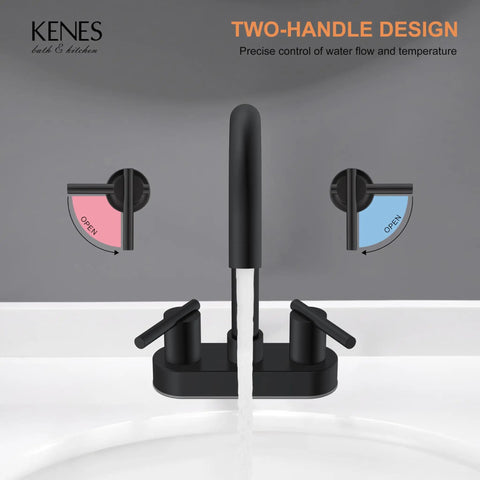 4 Inch Centerset Matte Black Two Handle Bathroom Faucet with Pop Up Drain and Two Water Supply Lines, front view.