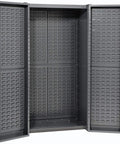 Rock Solid Deep Door Bin Cabinet With One Hundred Thirty Six Red Plastic Storage Bins For Heavy Duty Workshop Tool Organization And No Fuss Garage Setup Built American Tough With Secure Padlock Hasp Included, gray open cabinet interior.