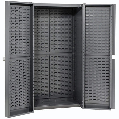 Rock Solid Deep Door Bin Cabinet With One Hundred Thirty Six Red Plastic Storage Bins For Heavy Duty Workshop Tool Organization And No Fuss Garage Setup Built American Tough With Secure Padlock Hasp Included, gray open cabinet interior.