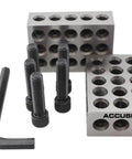 Front view of Accusize Ultra Precision 1-2-3 blocks set with screws and hex key; metal blocks with threaded holes