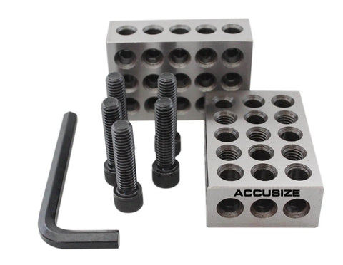 Front view of Accusize Ultra Precision 1-2-3 blocks set with screws and hex key; metal blocks with threaded holes