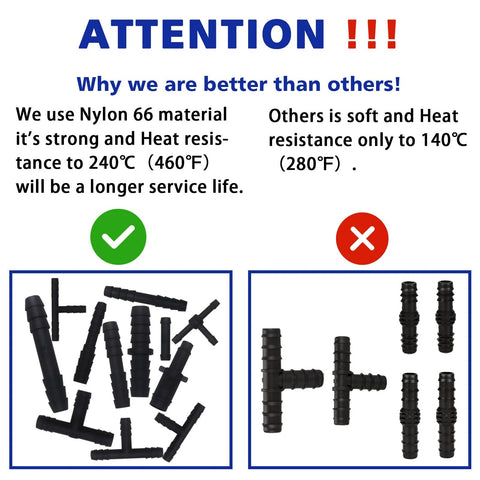Nylon vacuum tubing connector kit, 115 pcs; left shows scattered fittings, right shows tee and straight connectors.