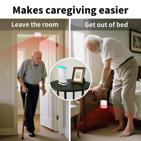 Bedside Safety Alarm System For Elderly At Home No Fuss Motion Sensor Bed Alarm With 58 Melodies LED Alerts And Gentle Vibration Fall Prevention Monitor For Seniors And Caregivers showing bed exit and room doorway alerts