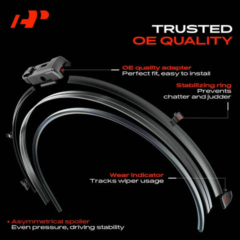 Top Tier 24 And 19 Inch Windshield Wiper Blades With Embedded Wear Indicator Plus Bonus Cleaning Towel Game Changing Grip showing adapter and stabilizing ring.