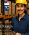 Smiling woman in a warehouse wearing a hard hat, holding a clipboard, with 'Made in USA' text and American flag emblem.