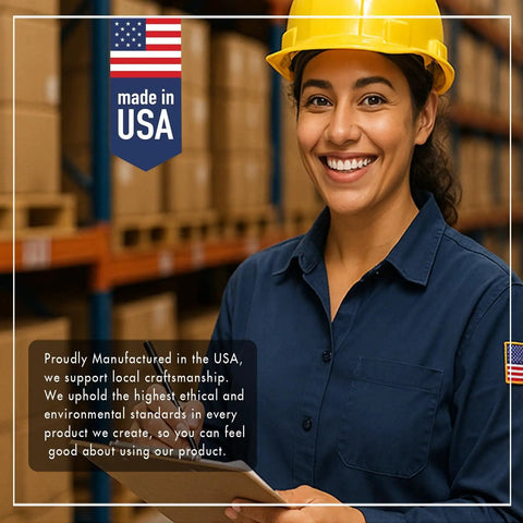 Smiling woman in a warehouse wearing a hard hat, holding a clipboard, with 'Made in USA' text and American flag emblem.