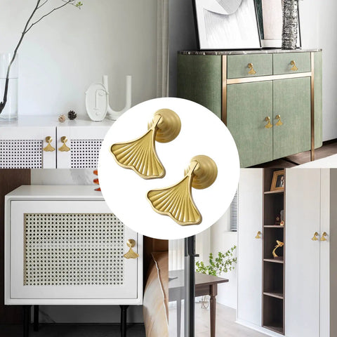 Six Piece Golden Ginkgo Leaf Cabinet Knobs displayed on various furniture, smooth drop pendant pull handle hardware for drawers.
