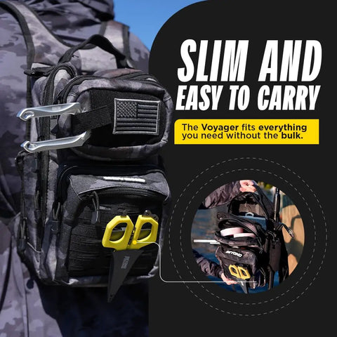 Compact Tackle Backpack For On The Go Fishing The Voyager Black Onyx Lightweight Gear Pack with dual straps and tools visible