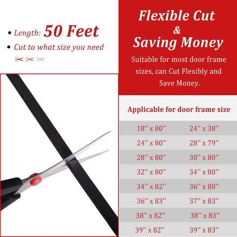 Black D-shaped rubber weather stripping door seal, 50 ft roll with self-adhesive backing; cut with scissors.
