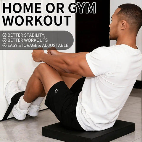 Man using Door Mount Hamstring Curl Strap With Extra Large Foam Stopper And Thick Neoprene Padding for Nordic curls at home