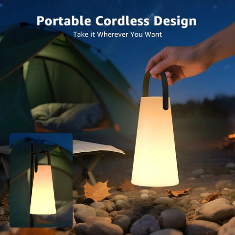 Hand holding Rechargeable Cordless Outdoor Lanterns With Dope RGB Colors at night by a camping tent