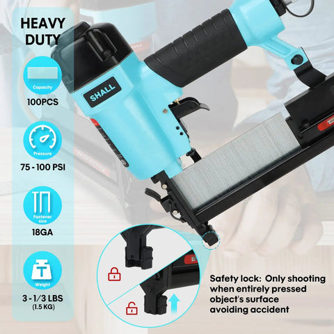 18 Gauge Pneumatic Brad Nailer And Crown Stapler Two In One Kit with 400 Nails and Staples, aluminum body, safety lock feature.