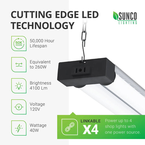Sixteen Pack 4 Ft LED Shop Light For Garage And Workshop, Linkable Frosted Fixture, Plug In, 5000K Daylight, 4100 Lumens