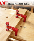 Ironclad Bench Dog Clamp Pack For Mft Workbenches With Ten Nonslip Inserts Fit Standard Three Quarter Inch Dog Holes, red clamps in use