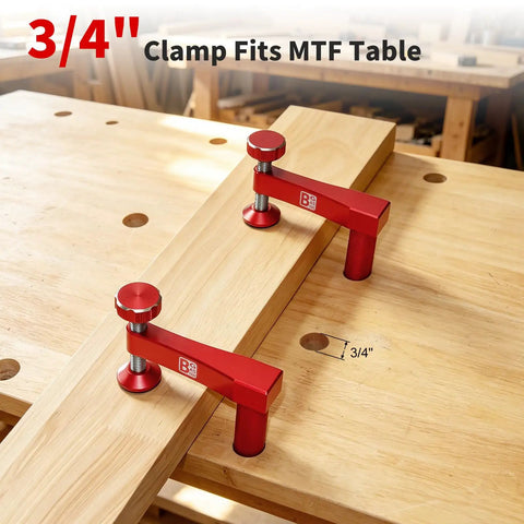 Ironclad Bench Dog Clamp Pack For Mft Workbenches With Ten Nonslip Inserts Fit Standard Three Quarter Inch Dog Holes, red clamps in use