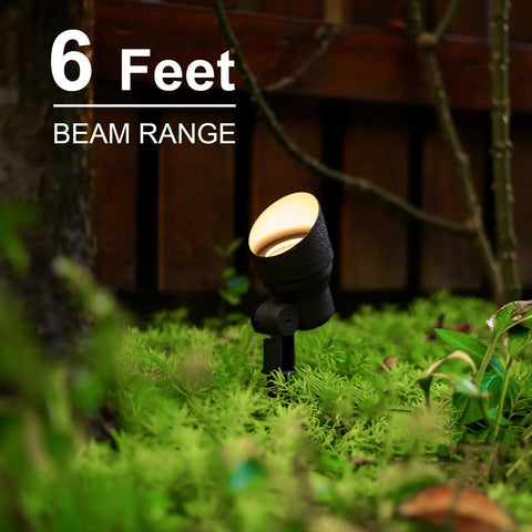 Eight Pack Low Voltage Landscape Lights With 20W Halogen Bulbs Deliver 145 Lumen Warm White Spotlighting For Yards, Pathways, And Outdoor Areas, Includes Metal Stakes And Connectors For Quick DIY Install highlighting 6 feet beam range on grass