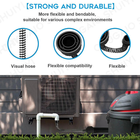 Universal Ac Drain Line Cleaner Adapter That Clears Sticky Gunk Fast, visual hose and flexible compatibility shown with HVAC unit.